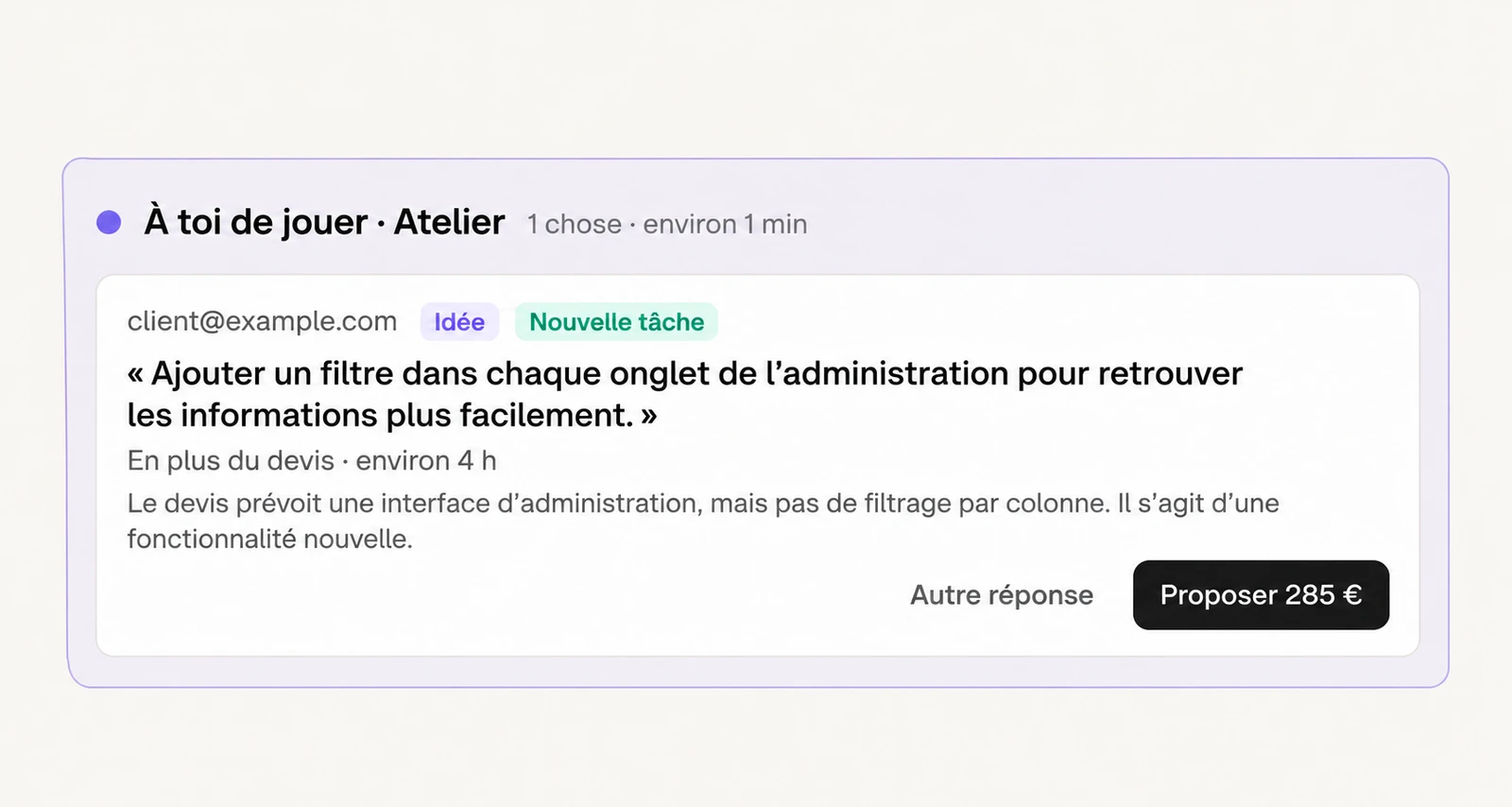 Une demande de filtre comparée au devis, avec environ quatre heures de travail et un supplément proposé de 285 euros.