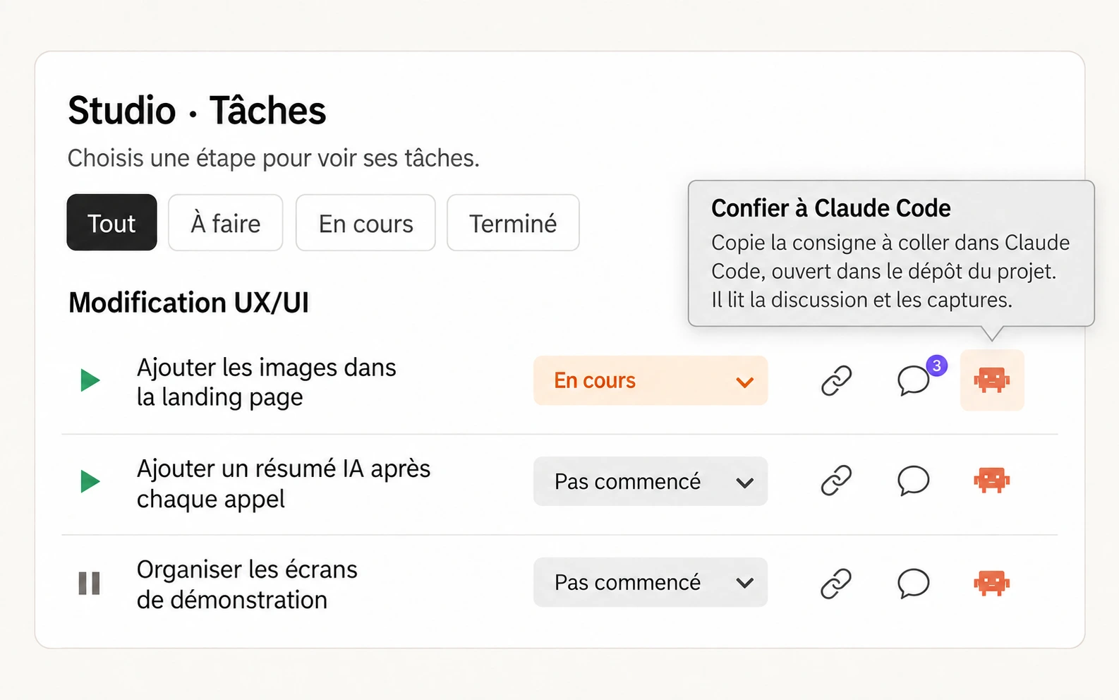 La tâche Ajouter les images dans la landing page affiche trois commentaires et le raccourci Confier à Claude Code sélectionné. Une fois connecté via MCP, Claude Code en lit les échanges et les captures dans Cadence.