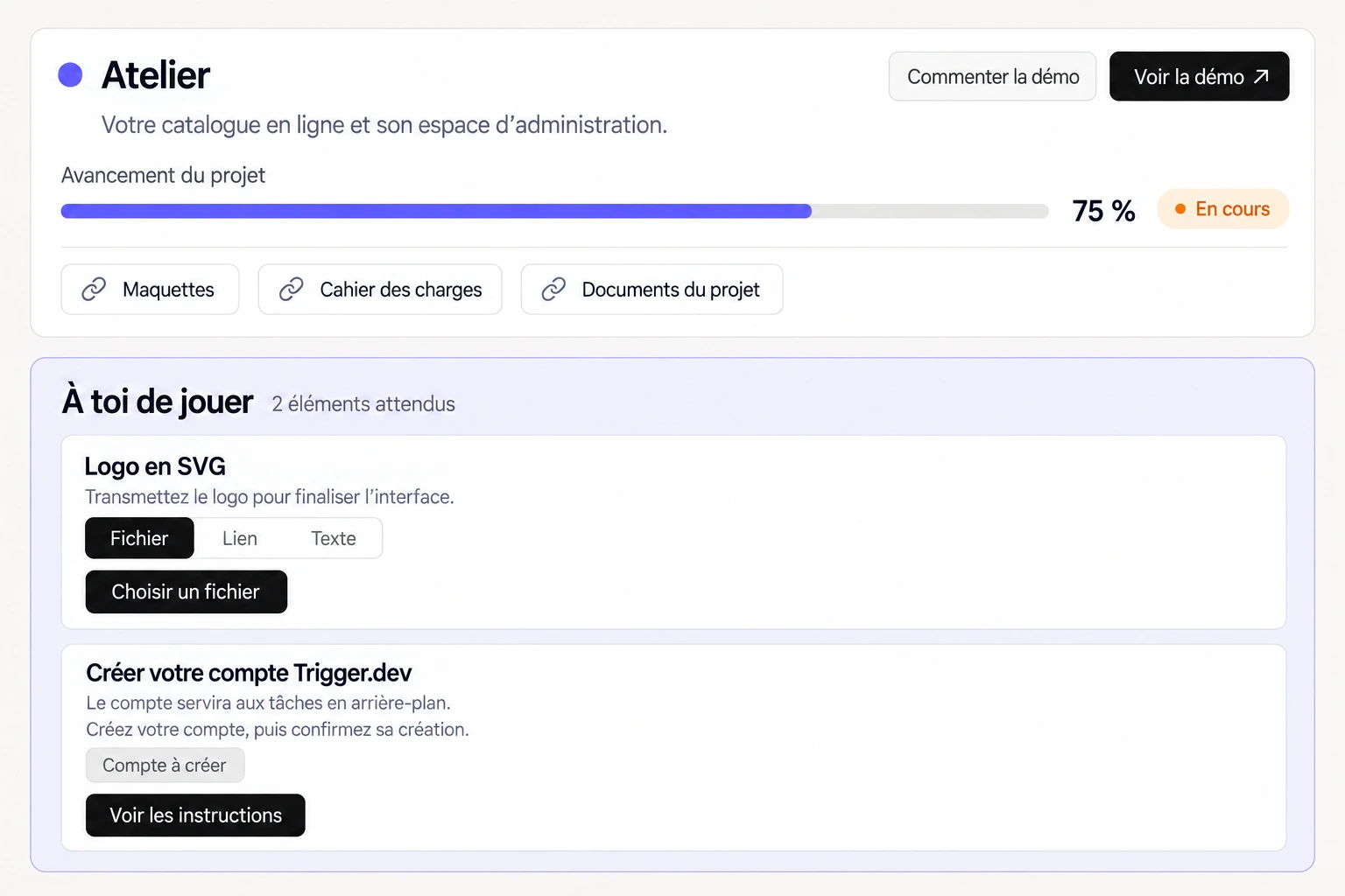 Vue client du projet Atelier : avancement à 75 %, accès à la démo et aux documents. Deux éléments sont attendus : le logo en SVG et la création du compte Trigger.dev.