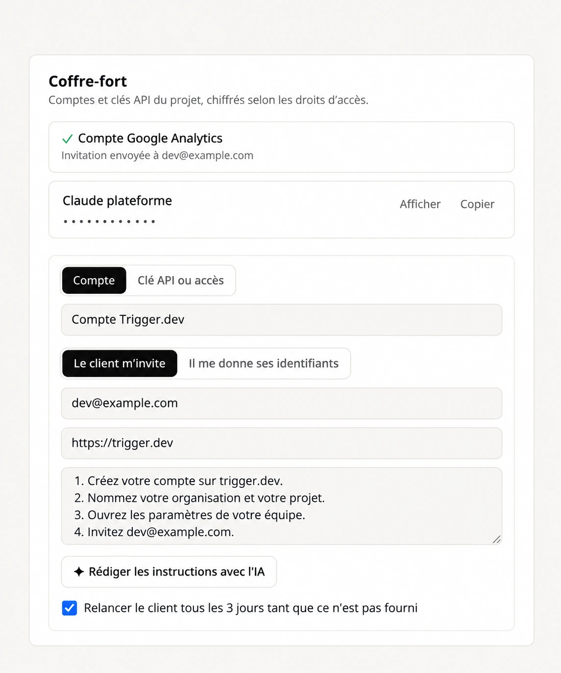 Cadence centralise une demande de compte Trigger.dev avec l’adresse fictive dev@example.com, un guide de création et une relance tous les trois jours. Les accès du coffre-fort sont masqués.
